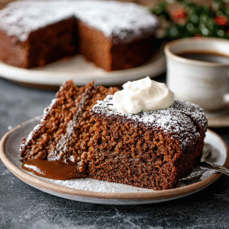 Old-fashioned gingerbread loaf cooling on a wire rack with crackled top, dusted with powdered sugar, fresh ginger and cinnamon sticks beside it