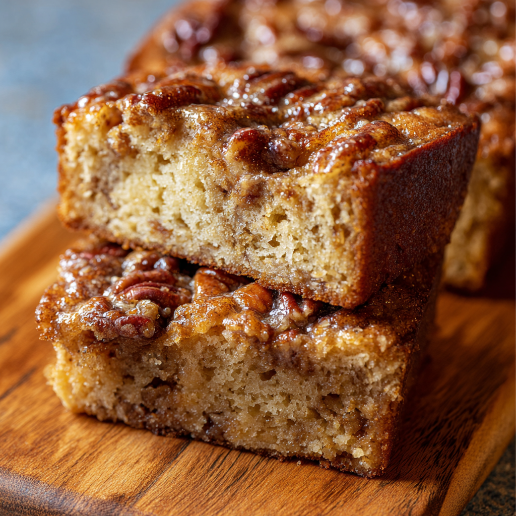 Close-up of a square of pecanbread showing buttery crumb texture, chopped pecans throughout, and a drizzle of caramel glaze