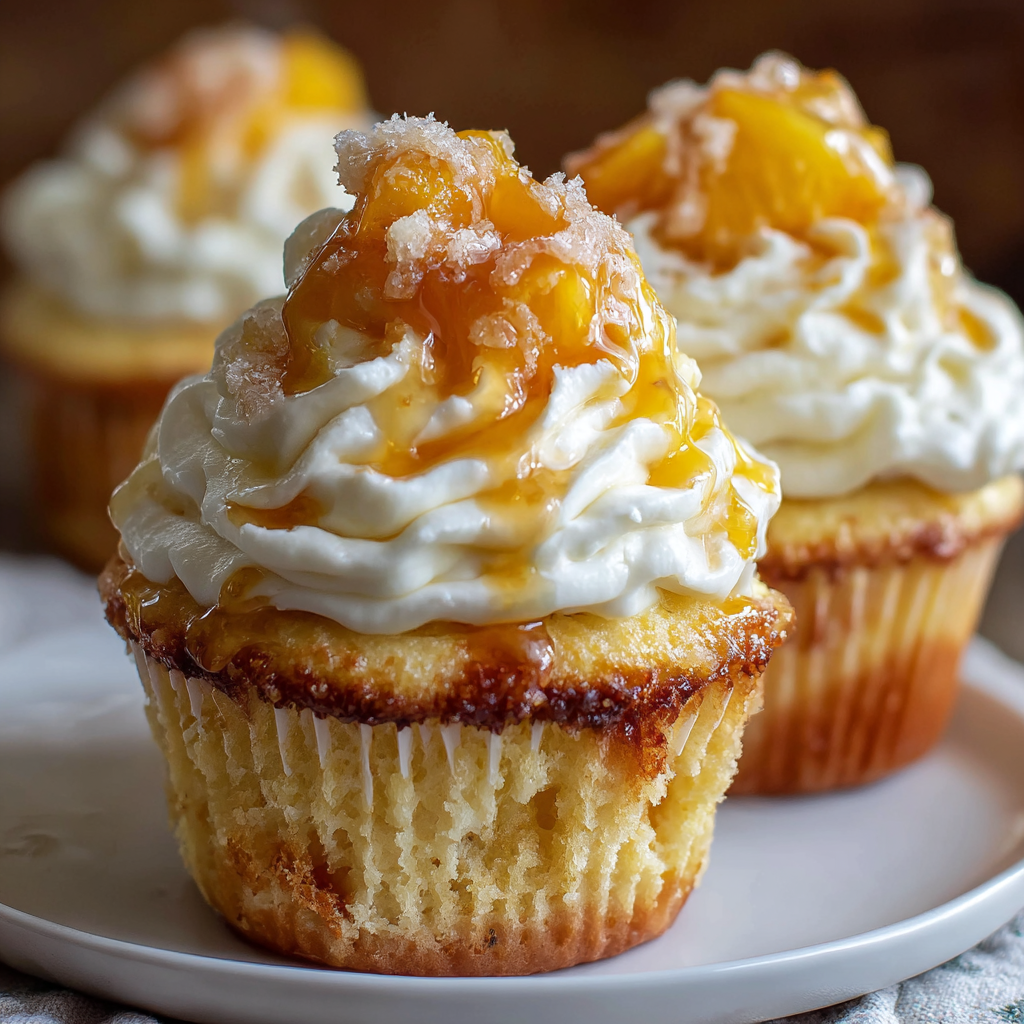 Close-up of one cupcake showing tender vanilla crumb, thick cream cheese frosting swirl, glistening peach chunk and honey drizzle catching the light