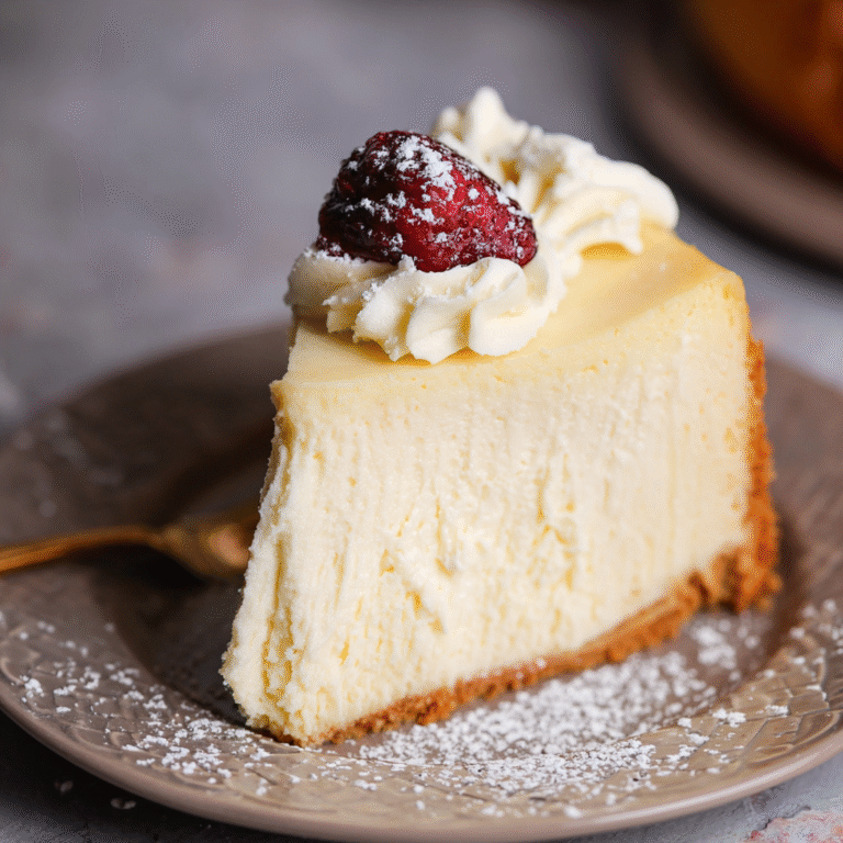 Classic New York cheesecake slice on a small plate showing dense creamy filling, golden graham cracker crust, fresh raspberry and dusting of powdered sugar