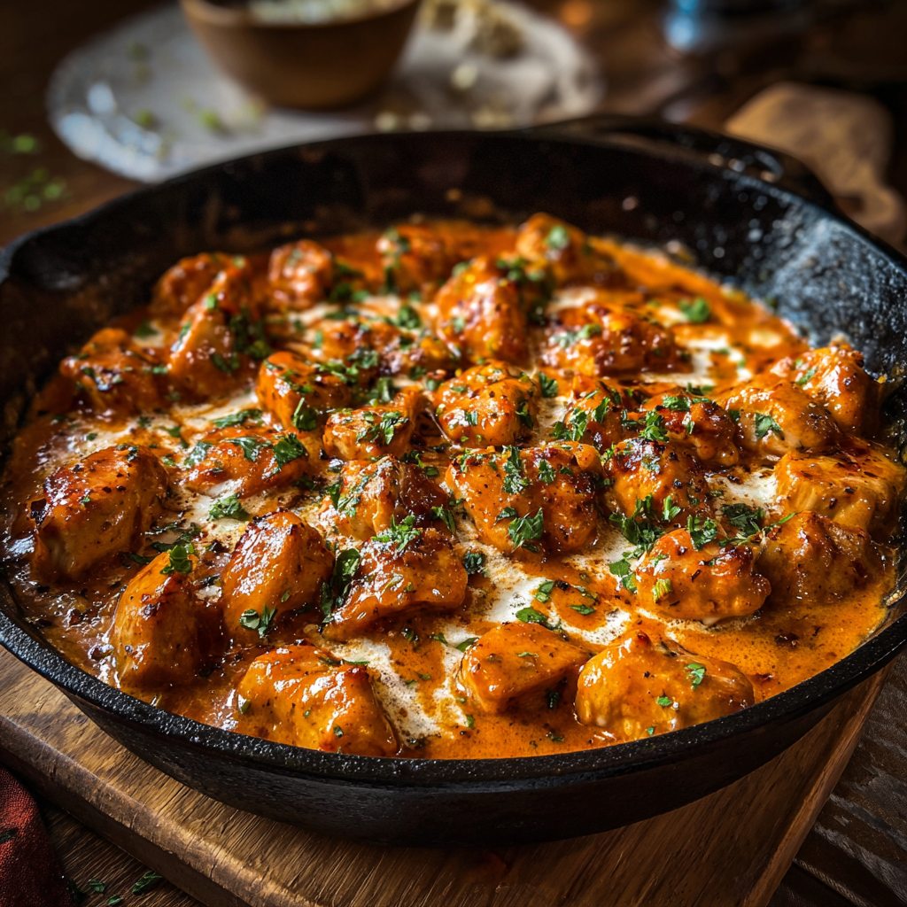 Close-up of butter chicken showing glossy creamy sauce, juicy chicken cubes, parsley, butter pools, served warm
