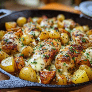 Garlic parmesan chicken in a cast-iron skillet with golden crusted chicken breasts, creamy garlic sauce, parmesan flakes, parsley