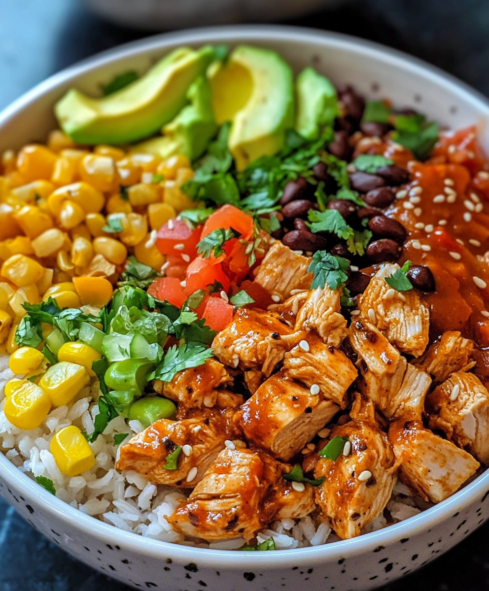Close-up of chicken burrito bowl showing tender seasoned chicken cubes, fluffy rice, black beans, charred corn, salsa, creamy avocado slices