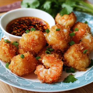 Crispy shrimp balls on a plate with golden-brown crust, sweet chili dipping sauce in a small bowl, green onions, sesame seeds