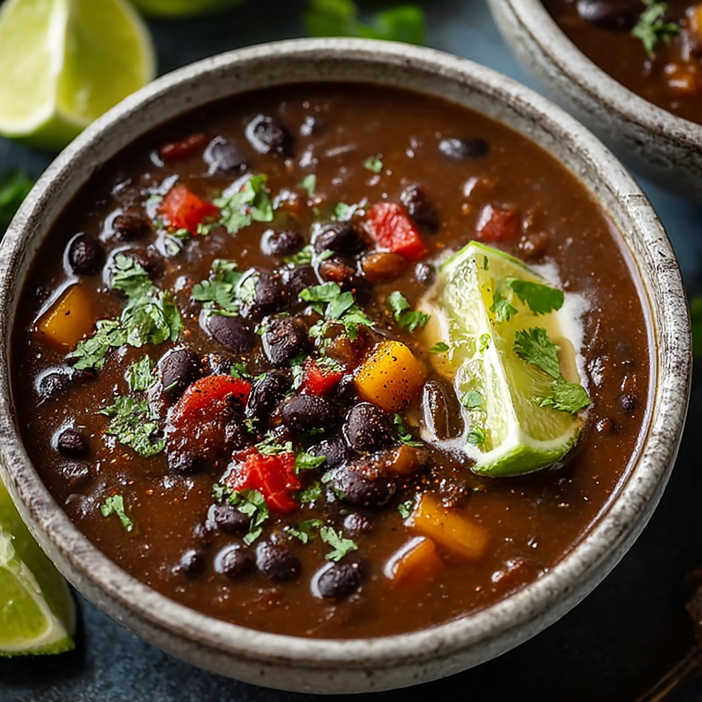 Close-up of black bean soup showing thick velvety broth, whole and mashed beans, peppers, cilantro garnish, creamy sour cream