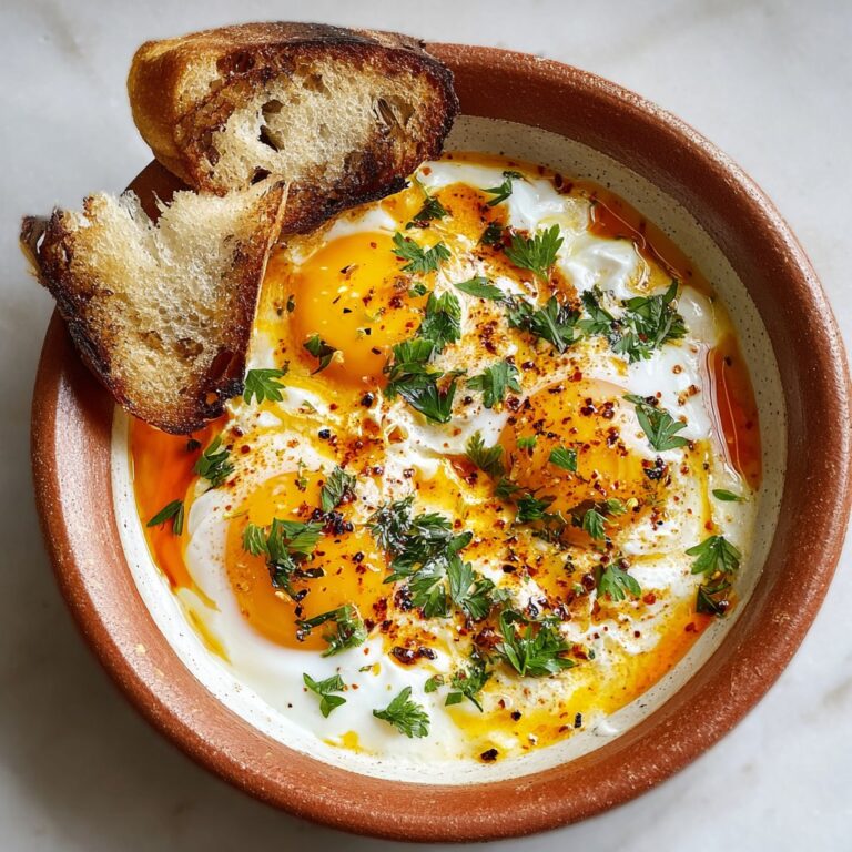 Shakshuka in a cast-iron skillet with poached eggs nestled in chunky tomato sauce, red bell peppers, feta crumbles, fresh parsley, served with toasted bread