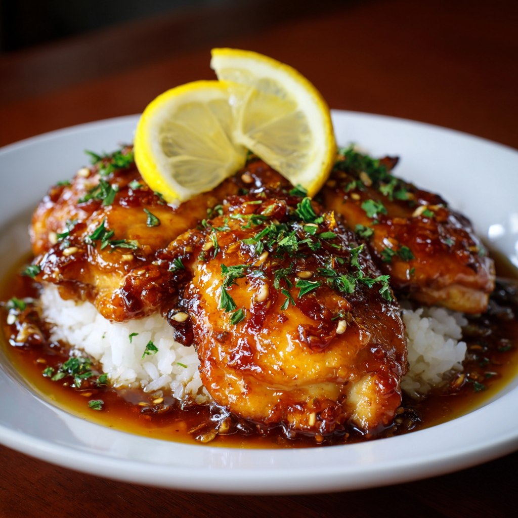 Close-up of lemon garlic chicken showing crispy seared exterior, juicy interior, lemony rice with garlic flecks, fresh dill, drizzle of olive oil