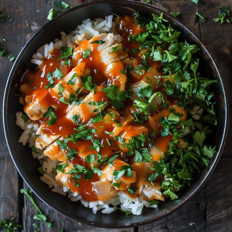Chicken rice bowl with seasoned diced chicken over fluffy white rice, colorful sautéed vegetables, drizzled sauce, scallions and sesame seeds on top