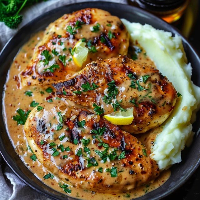 Creamy garlic parmesan chicken breasts on a plate with golden seared chicken in silky white garlic-parmesan sauce, fresh herbs, served with creamy mashed potatoes