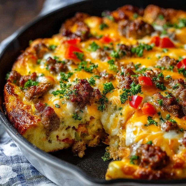Close-up of sausage breakfast casserole showing custardy egg layer, browned breakfast sausage crumbles, gooey melted cheese, toasted bread cubes, chives on top