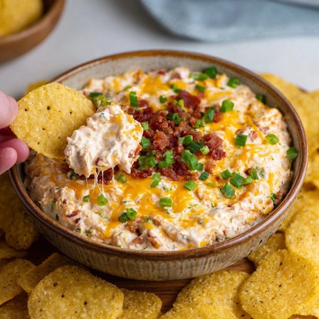 Cheesy bacon ranch dip in a baking dish with golden bubbling cheese top, crispy bacon crumbles, green chive sprinkles, chips and crackers around for dipping