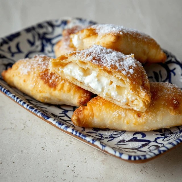 Close-up of cream cheese pastry showing layered buttery puff pastry edges, glossy cream cheese center, blueberry or fruit topping, powdered sugar snow