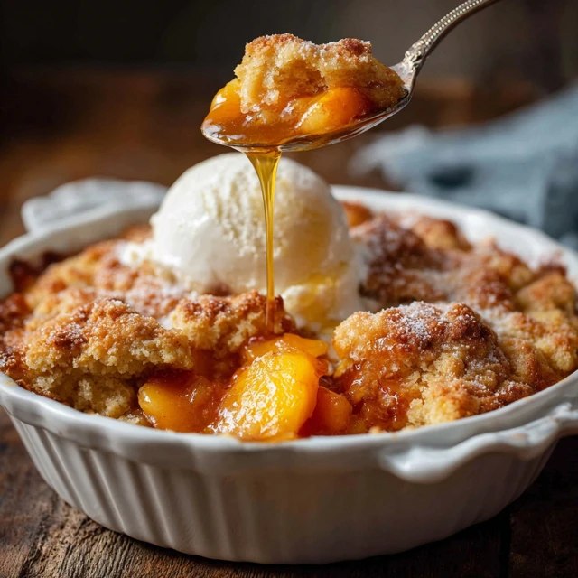 Close-up of peach cobbler showing sliced peaches in caramel syrup, craggy golden biscuit crust, melting vanilla ice cream pooling around, fresh mint sprig