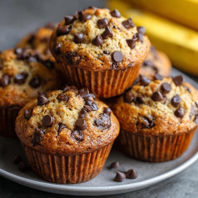 Close-up of split banana muffin showing super-moist yellow interior streaked with chocolate chips, golden brown crackly top, fresh banana slice on side