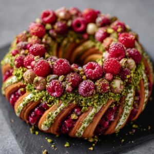 Raspberry pistachio bundt cake on a white pedestal with green-tinted pistachio glaze dripping down sides, fresh raspberries on top, chopped pistachios sprinkled, slice cut out