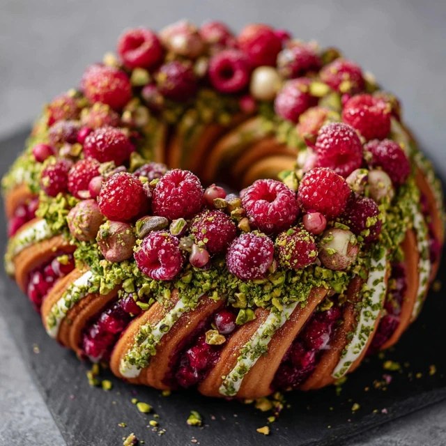 Raspberry pistachio bundt cake on a white pedestal with green-tinted pistachio glaze dripping down sides, fresh raspberries on top, chopped pistachios sprinkled, slice cut out