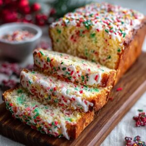 Holiday funfetti bread sliced on a wooden board with rainbow sprinkles visible throughout golden cake, glossy white vanilla glaze on top with more sprinkles, festive setting