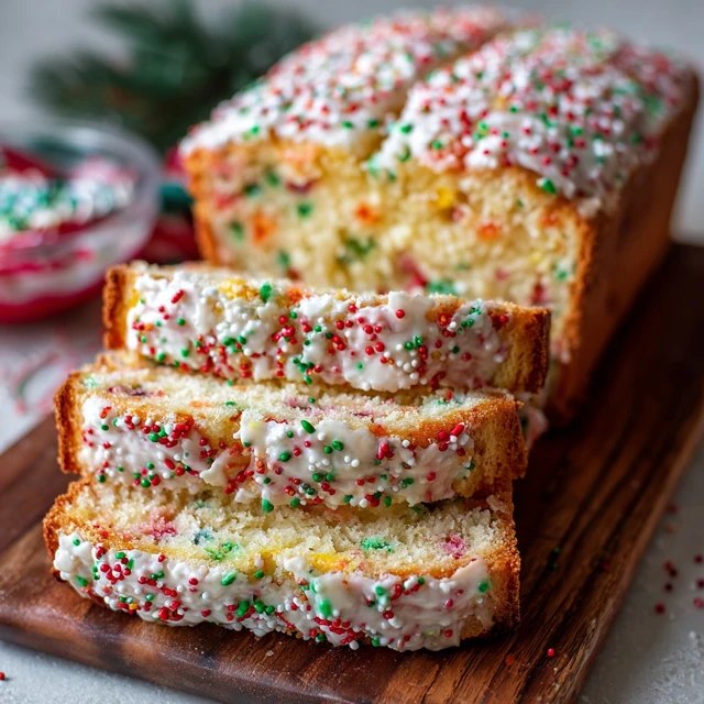 Close-up of funfetti bread slice showing tender vanilla crumb dotted with colorful sprinkles, thick white glaze drizzle, red and green holiday sprinkles on top