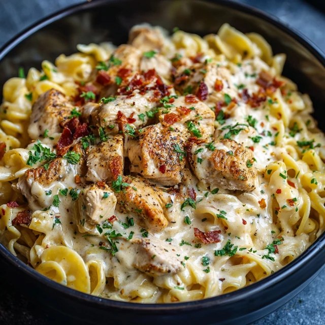 Close-up of fettuccine alfredo showing silky cream-parmesan sauce clinging to noodles, juicy seared chicken slices, sprinkle of fresh parsley, garlic specks
