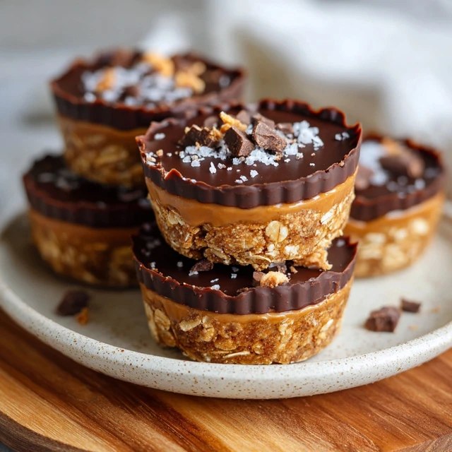 Chocolate caramel oat cups arranged on parchment paper, dark chocolate shells with golden caramel oozing from a bitten cup, oat-peanut-butter base visible, sea salt flakes on top