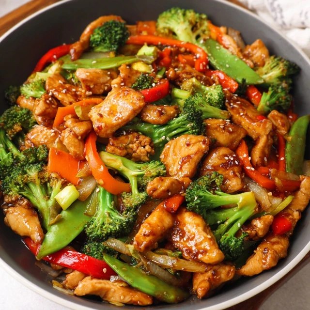 Chicken stir fry with vegetables in a wok, golden seared chicken pieces with bright bell peppers, broccoli florets, snap peas, glossy soy-ginger sauce, sesame seeds, scallions