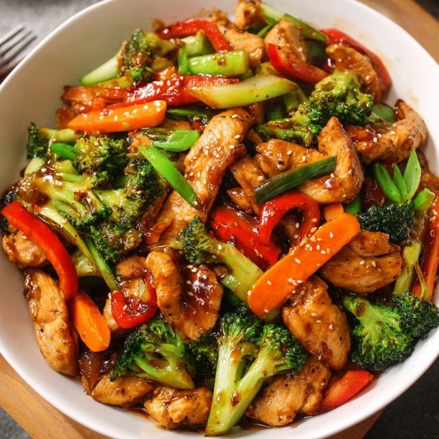 Close-up of stir-fried chicken and vegetables on a plate of jasmine rice, vibrant red and yellow peppers, crisp-tender broccoli, glistening dark sauce coating everything, chopsticks