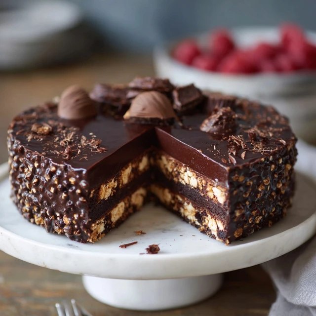 Three-layer chocolate cake on a white pedestal with dark chocolate ganache buttercream covering, glossy chocolate drip down sides, chocolate curls on top, slice cut showing tall dark layers