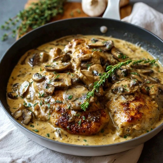 Close-up of one chicken thigh on a plate, glossy golden-brown skin, surrounded by mushroom-cream sauce with thyme leaves, fork lifting tender meat, mashed potatoes beside