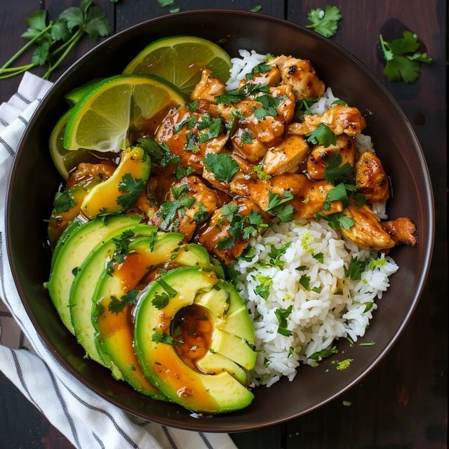 Close-up of teriyaki chicken bowl showing caramelized dark glaze coating chicken pieces, steamy rice, vivid broccoli, sesame seeds scattered, a wedge of lime on the side