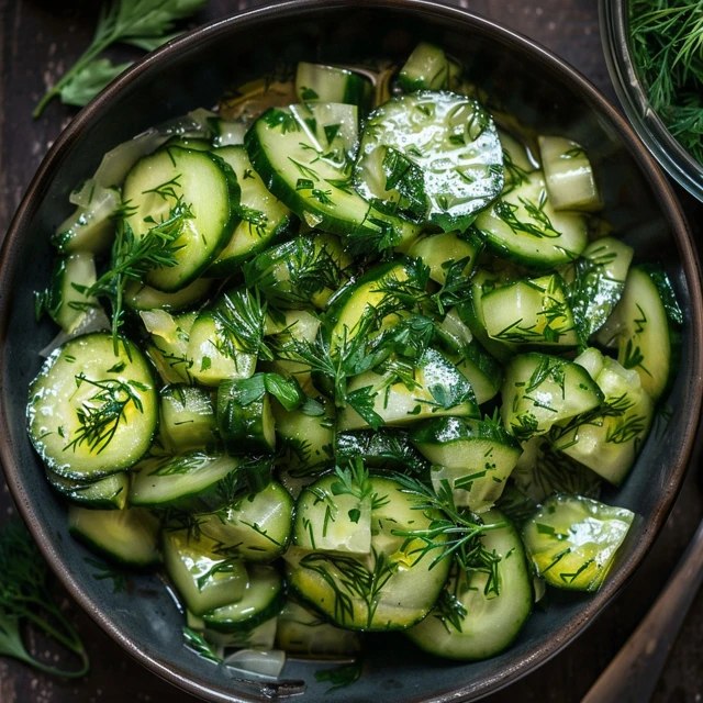 Cucumber dill salad in a white bowl, thin-sliced cucumber rounds tossed with creamy sour cream dressing, red onion slivers, plenty of fresh chopped dill, cracked black pepper, served on a wooden board