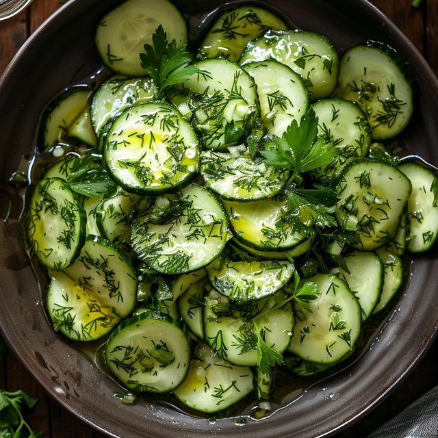 Close-up of cucumber dill salad showing translucent cucumber slices coated in tangy white dressing, deep green dill specks, purple onion ribbons, drops of vinegar pooling at the bottom