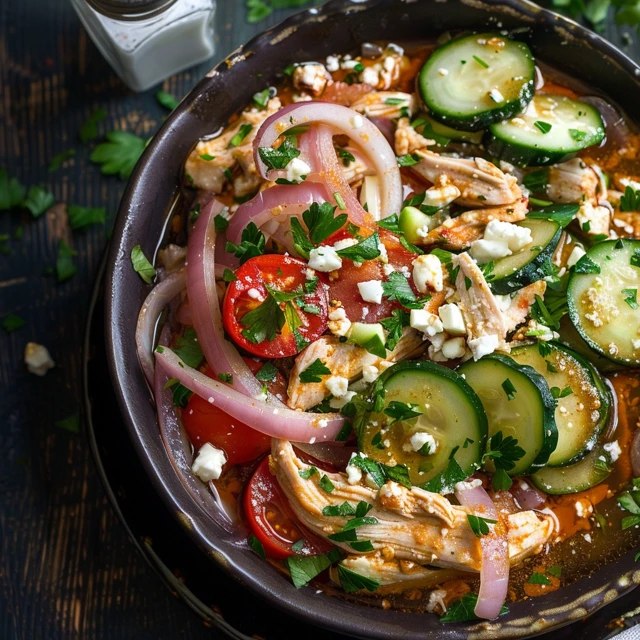 Chicken salad with vegetables in a white serving bowl, chunky shredded chicken mixed with diced celery, carrot, red bell pepper, red onion, all coated in creamy dressing, parsley and chives on top, served on butter lettuce leaves