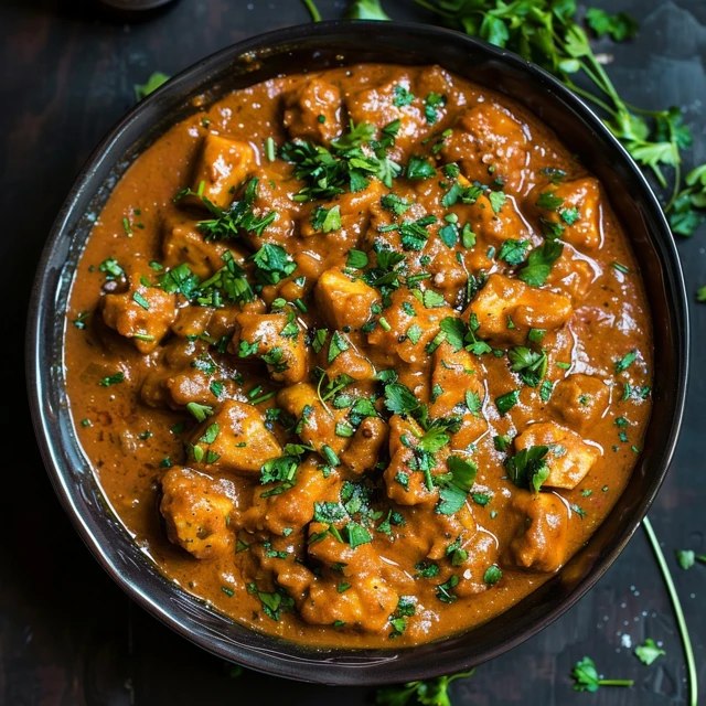 Chicken curry in a copper karahi pan, bone-in chicken pieces in deep orange-red tomato-onion gravy with visible spice flecks, cilantro garnish, basmati rice and naan on the side