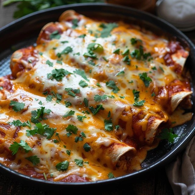 Cheesy baked chicken enchiladas in a white casserole dish, rolled flour tortillas covered in deep red enchilada sauce and bubbling melted cheese, charred spots, fresh cilantro and diced red onion sprinkled on top, sour cream dollop