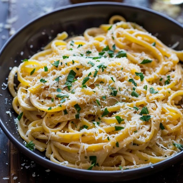 Linguine aglio e olio on a white pasta plate, glossy strands coated in olive oil with thinly sliced golden garlic chips, red pepper flake specks, fresh chopped parsley, grated parmesan, served with a fork twirling pasta