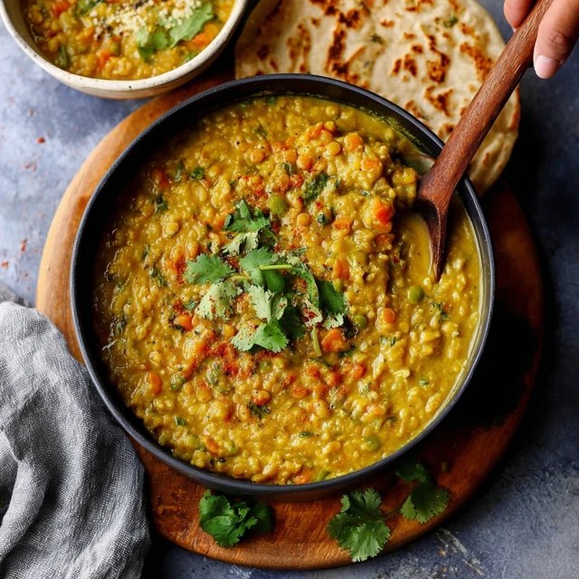 Lentil vegetable curry in a ceramic bowl, golden-orange red lentil base with chunks of carrot, wilted spinach, diced tomato, swirl of coconut milk on top, fresh cilantro garnish, basmati rice and naan on the side
