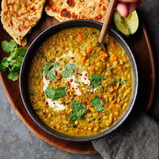 Close-up of lentil curry showing creamy red lentil sauce, bright orange carrot pieces, green spinach leaves, red tomato chunks, white coconut milk swirl, vivid yellow turmeric tones, cilantro leaves