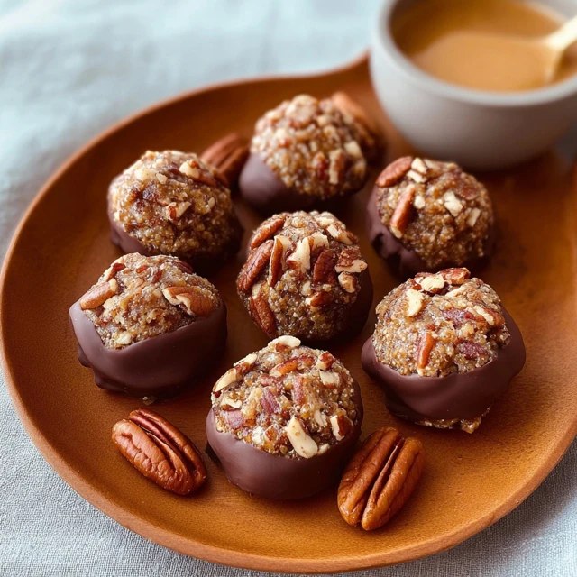 Chocolate pecan energy bites on a wooden board, dark chocolate-brown round balls rolled in chopped pecans and coconut, sliced open one showing oats, chunks of pecan and date inside, glass of milk beside