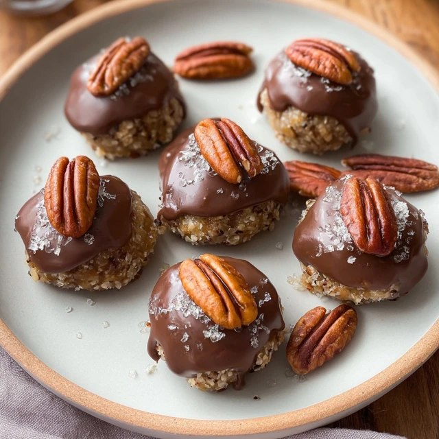 Close-up of chocolate energy bites showing rough texture with visible oats, chopped pecan pieces sticking out, sticky date-peanut-butter binder, cocoa dusting, drizzle of dark chocolate on top