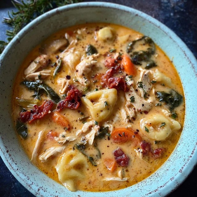 Close-up of chicken tortellini soup showing creamy broth, pillowy tortellini squares, chunks of chicken, vibrant spinach, orange carrot pieces, steam rising, fresh parsley garnish