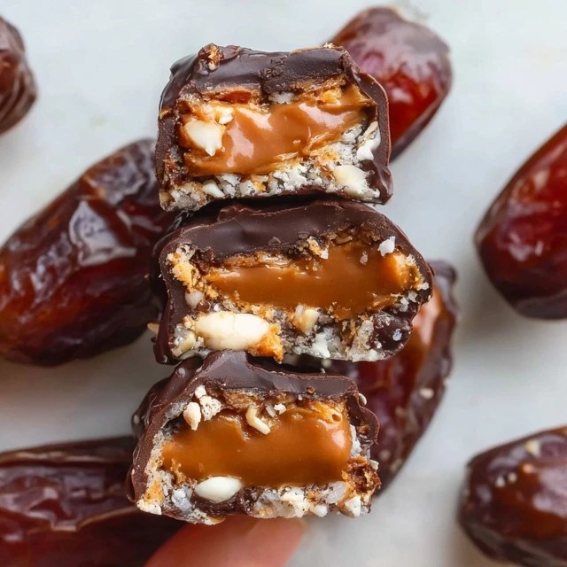 Chocolate caramel stuffed dates on a marble board, plump Medjool dates split open showing creamy nut butter and caramel filling, dipped in glossy dark chocolate, sprinkled with flaky sea salt and chopped pistachios