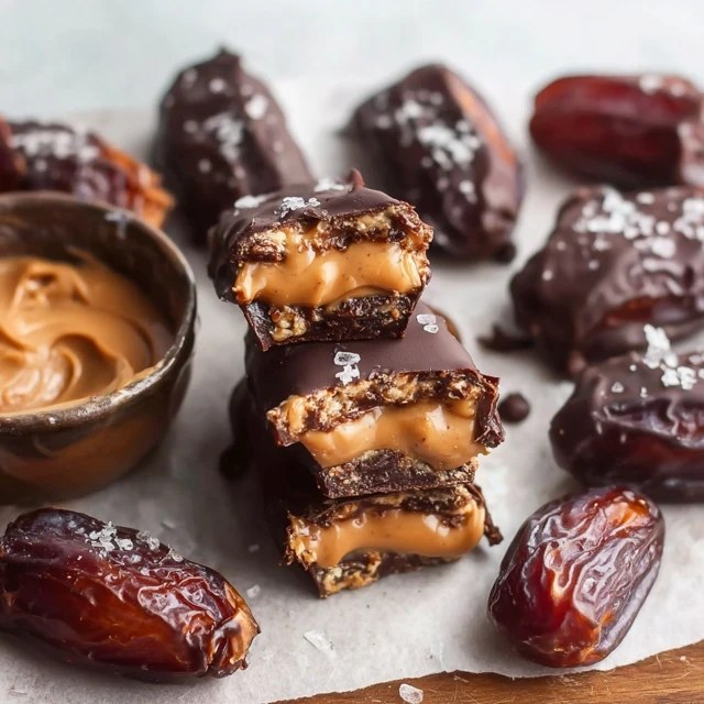 Close-up of one chocolate-dipped date showing layered fillings of golden caramel and brown almond butter visible at the split, shiny chocolate coating, flaky salt crystals, scattered pistachio bits