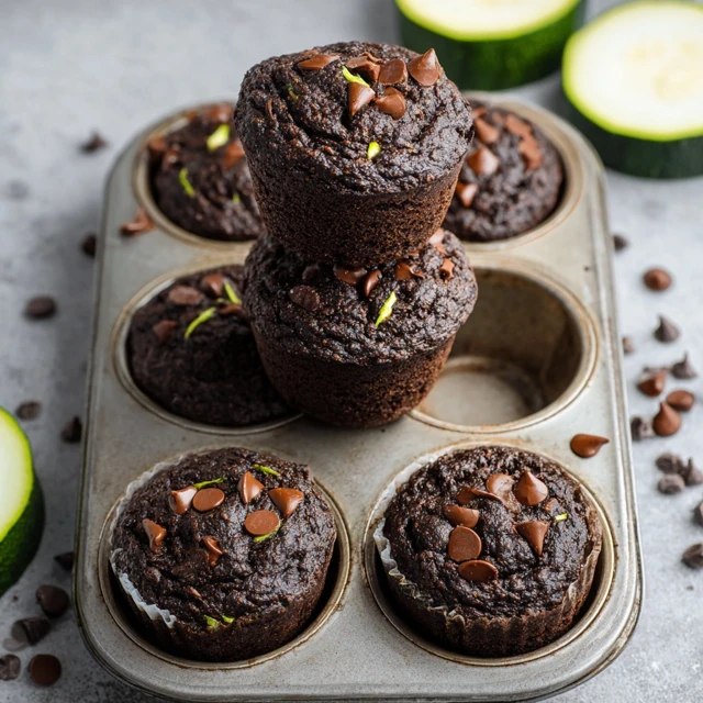 Chocolate zucchini muffins on a cooling rack, dark chocolate-brown muffin tops domed and crackled, melted chocolate chip studs visible, one split open showing moist crumb with green zucchini flecks, sprinkled with extra chocolate chips