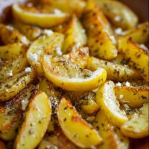 Lemon herb roasted potatoes on a sheet pan, golden-brown crispy potato wedges with charred edges, lemon zest specks, dried oregano flecks, minced garlic bits, fresh chopped parsley scattered, lemon wedges on the side