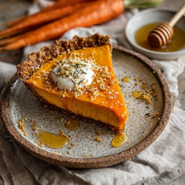 Carrot pie with honey drizzle on a wooden board, golden-orange spiced carrot custard filling in a flaky pie crust, glossy honey drizzle streaks across the top, dollop of whipped cream and toasted pecans garnish