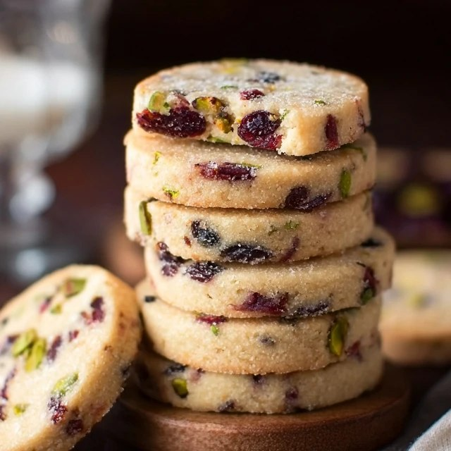 Cranberry pistachio shortbread cookies on a wire rack, pale buttery shortbread rounds with ruby-red dried cranberries and bright green chopped pistachios embedded throughout, festive holiday cookie tin in background