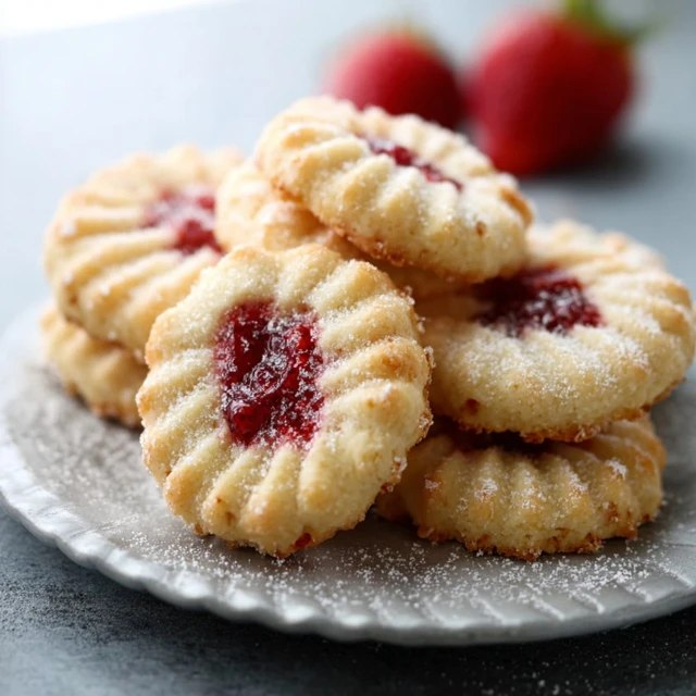 Close-up of jam thumbprint cookie showing tender buttery cookie base with glossy ruby raspberry jam pooled in the center thumb-shaped well, edges golden, light dusting of powdered sugar