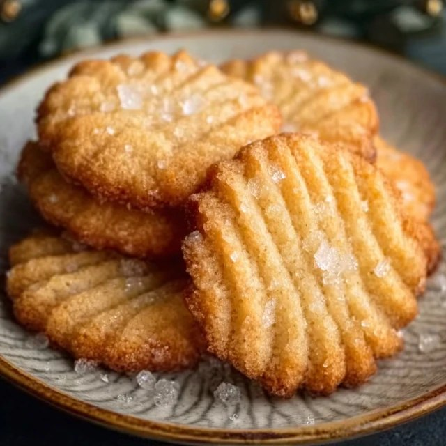 Danish butter cookies arranged in a vintage blue tin, golden-yellow piped swirl rosettes and pretzel shapes, pale buttery surface, sandy sugar crystals on top, cookie tin lid lifted to reveal contents