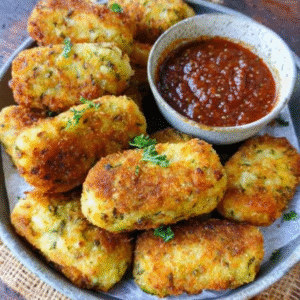 Vegetable croquettes on a serving plate, golden crispy panko-crusted patties, soft interior visible through cracks revealing colorful vegetable bits, small bowl of creamy white yogurt dipping sauce, fresh parsley garnish