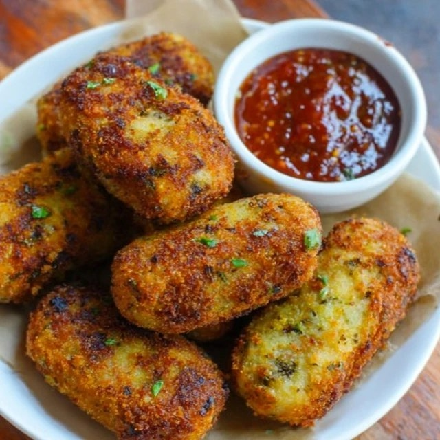 Close-up of vegetable croquette cross-section showing crunchy golden panko exterior, fluffy interior with carrots, peas, corn and herbs, light steam rising from hot center